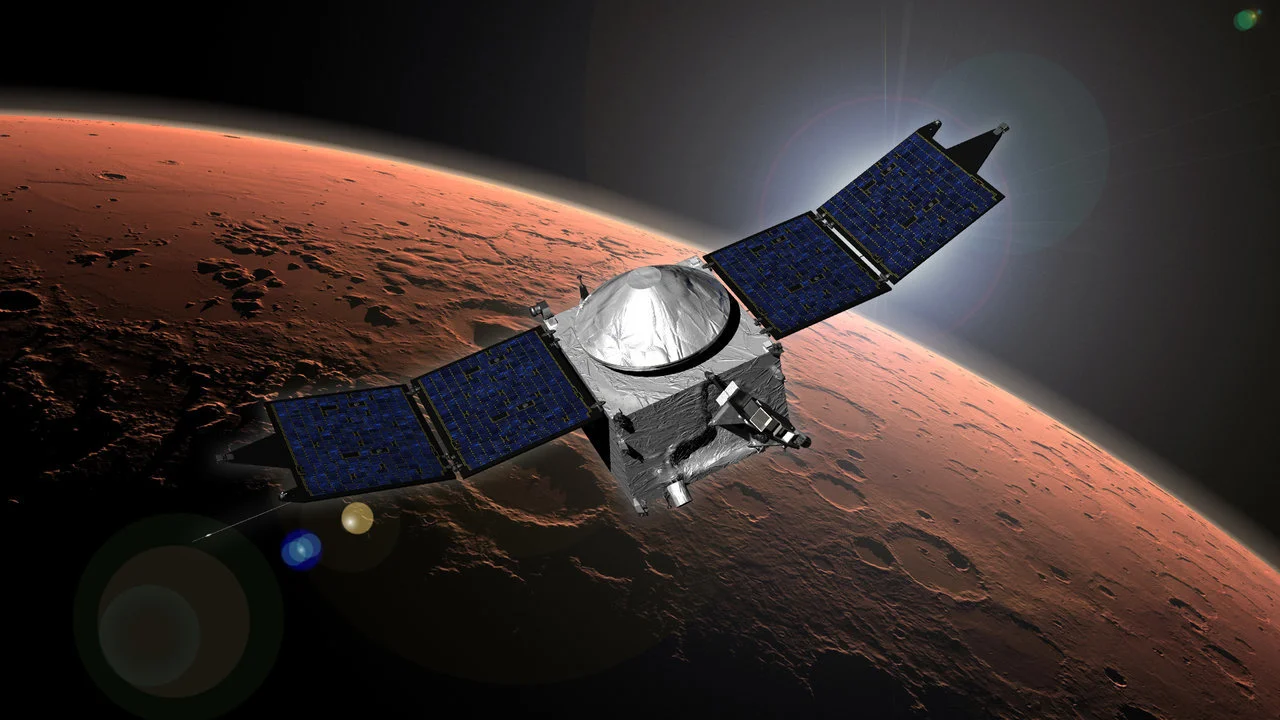 Maven satellite in front of Mars representing our support of Mars missions